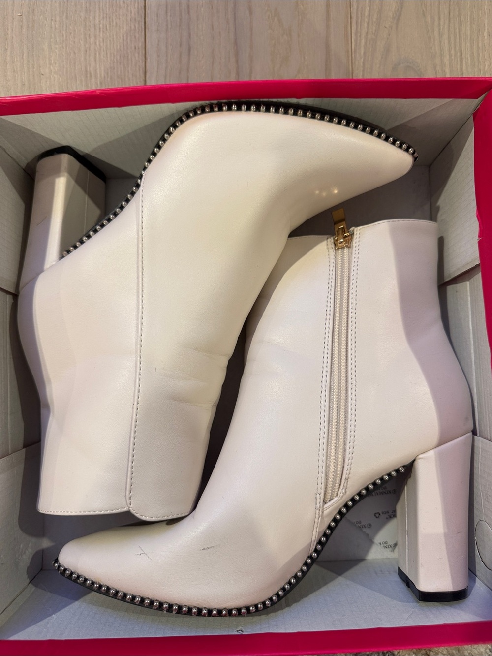 Catherine Malandrino White Stud-Trim Block Heel Ankle Boots